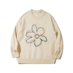 Mens Embroidered Floral Autumn Loose Knitted Sweater